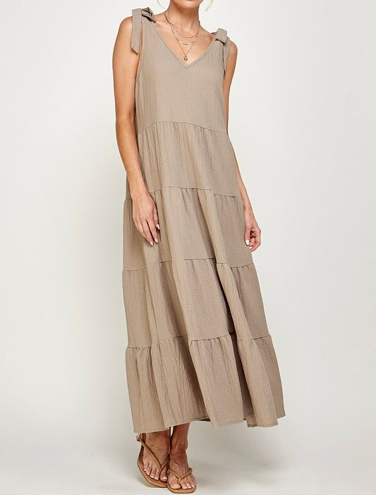 V-Neck Shoulder Tie Midi Dress