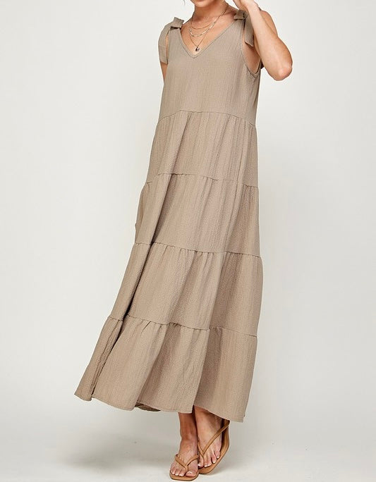 V-Neck Shoulder Tie Midi Dress