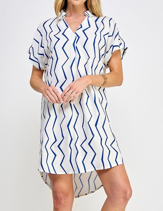 Medium - White & Blue Zigzag Short Dress