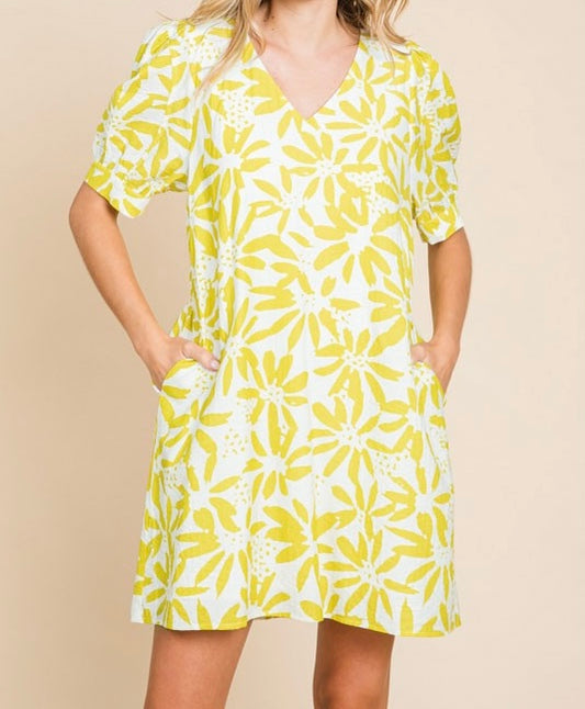 Lemon Flower Print Short Dress