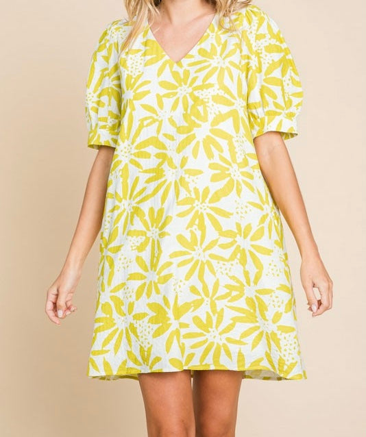 Lemon Flower Print Short Dress