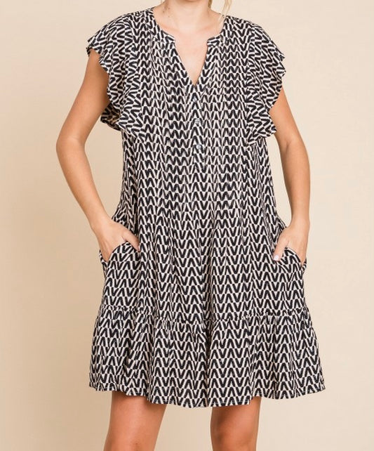 Black Geometric Print Short Dress