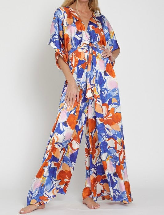 Multi Kimono Tie Front Wide Leg Jumpsuit