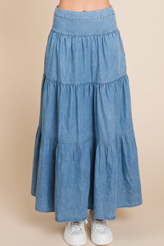 Denim Tiered Long Skirt