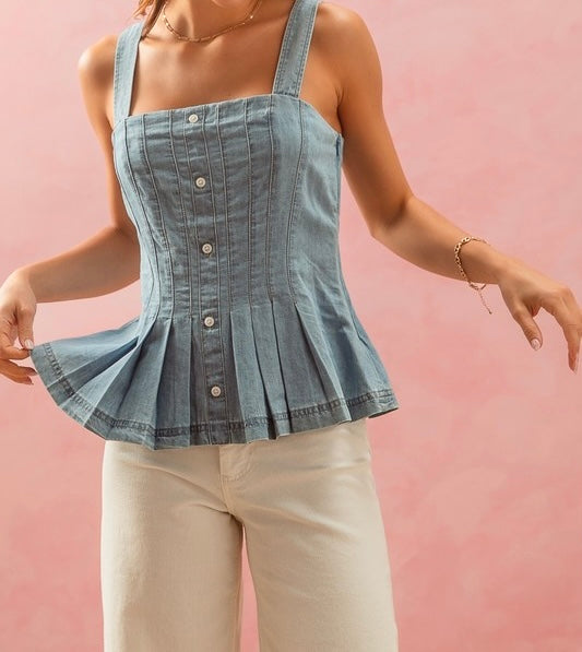 Denim Buttoned Front Peplum Top