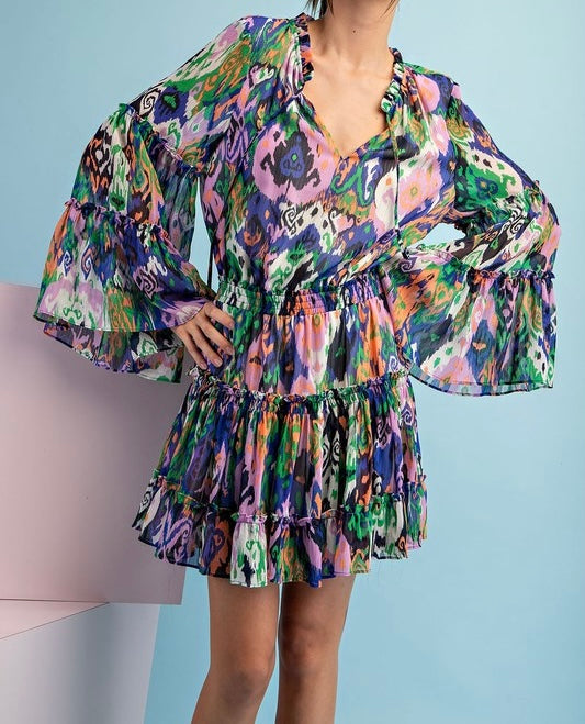 Print Bell Sleeve Short Dress