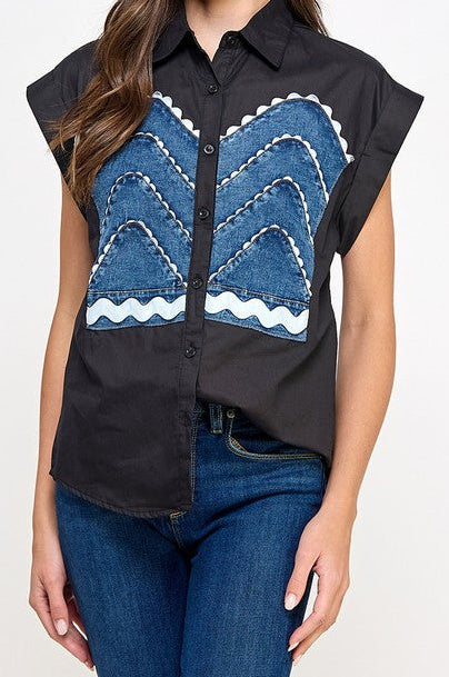 Black Denim Color Block Top