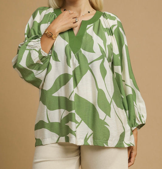 Curvy Green Leaf Print Top
