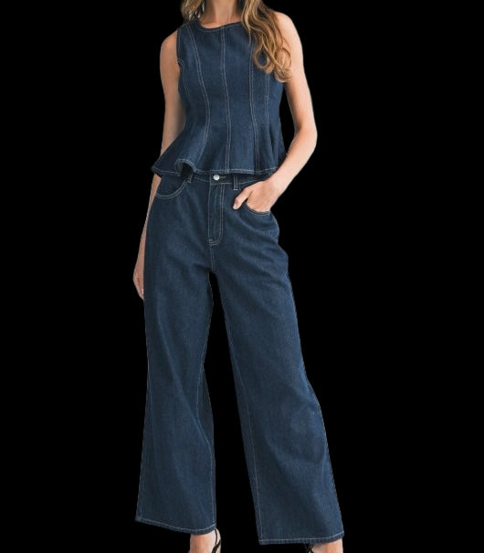 Denim Sleeveless Peplum Pant Set