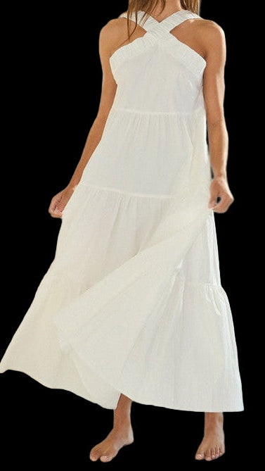 White Halter Tiered Midi Dress