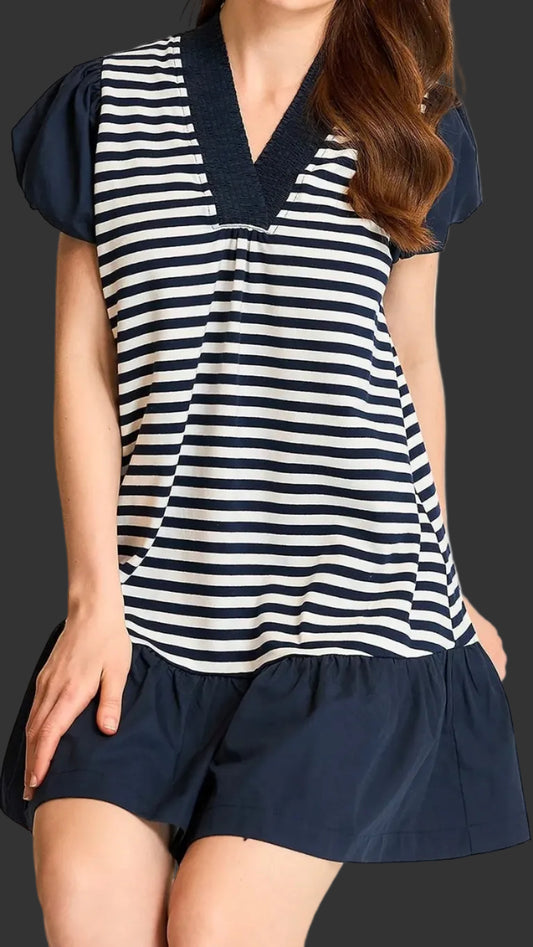 Navy Blue Striped  Short Dress