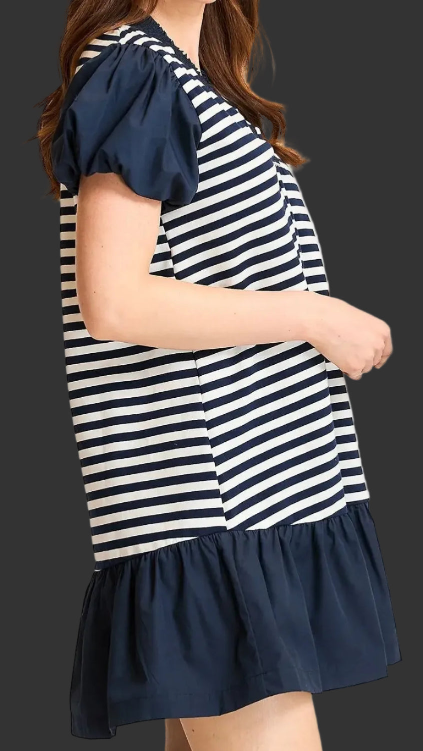 Navy Blue Striped  Short Dress