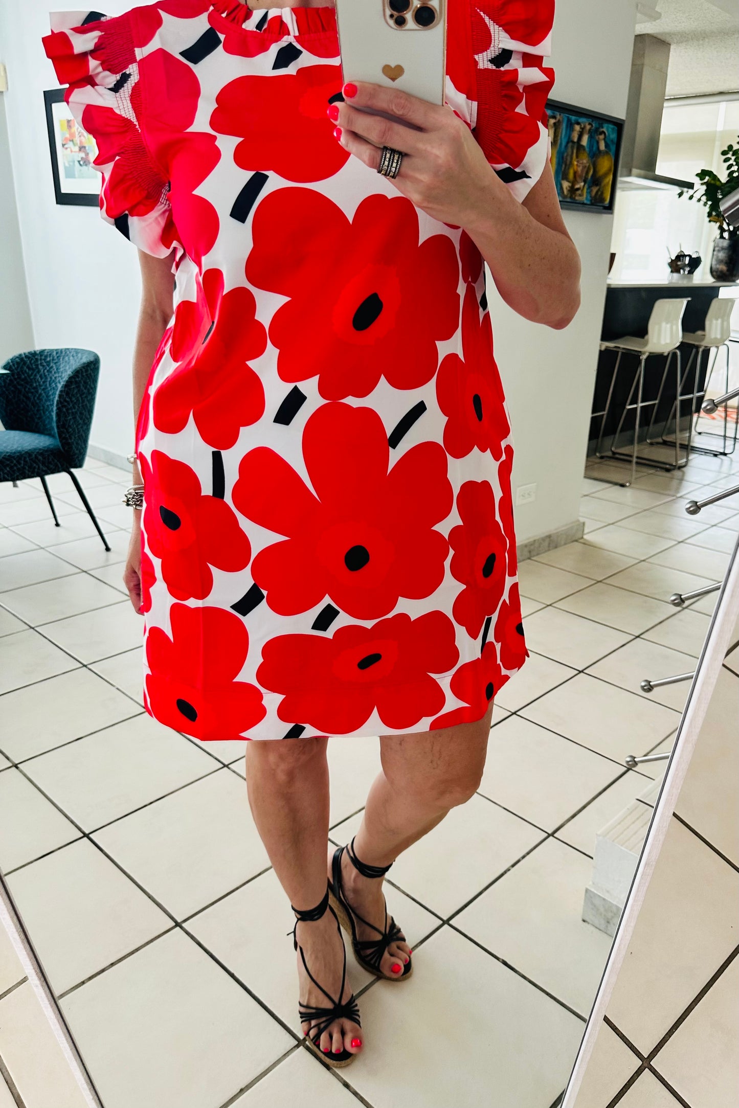 Red Flower Ruffle Short Dress