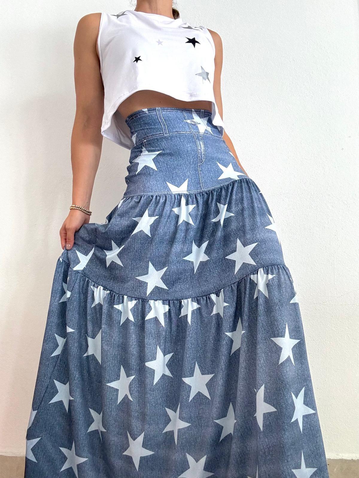 Blue Denim Stars Maxi Skirt