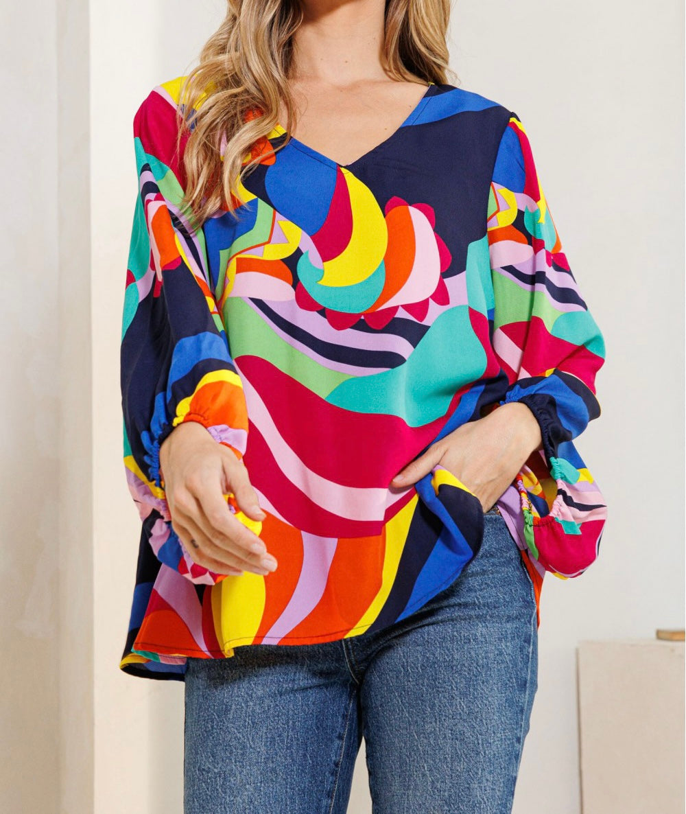 Multi Color Balloon Sleeve Top