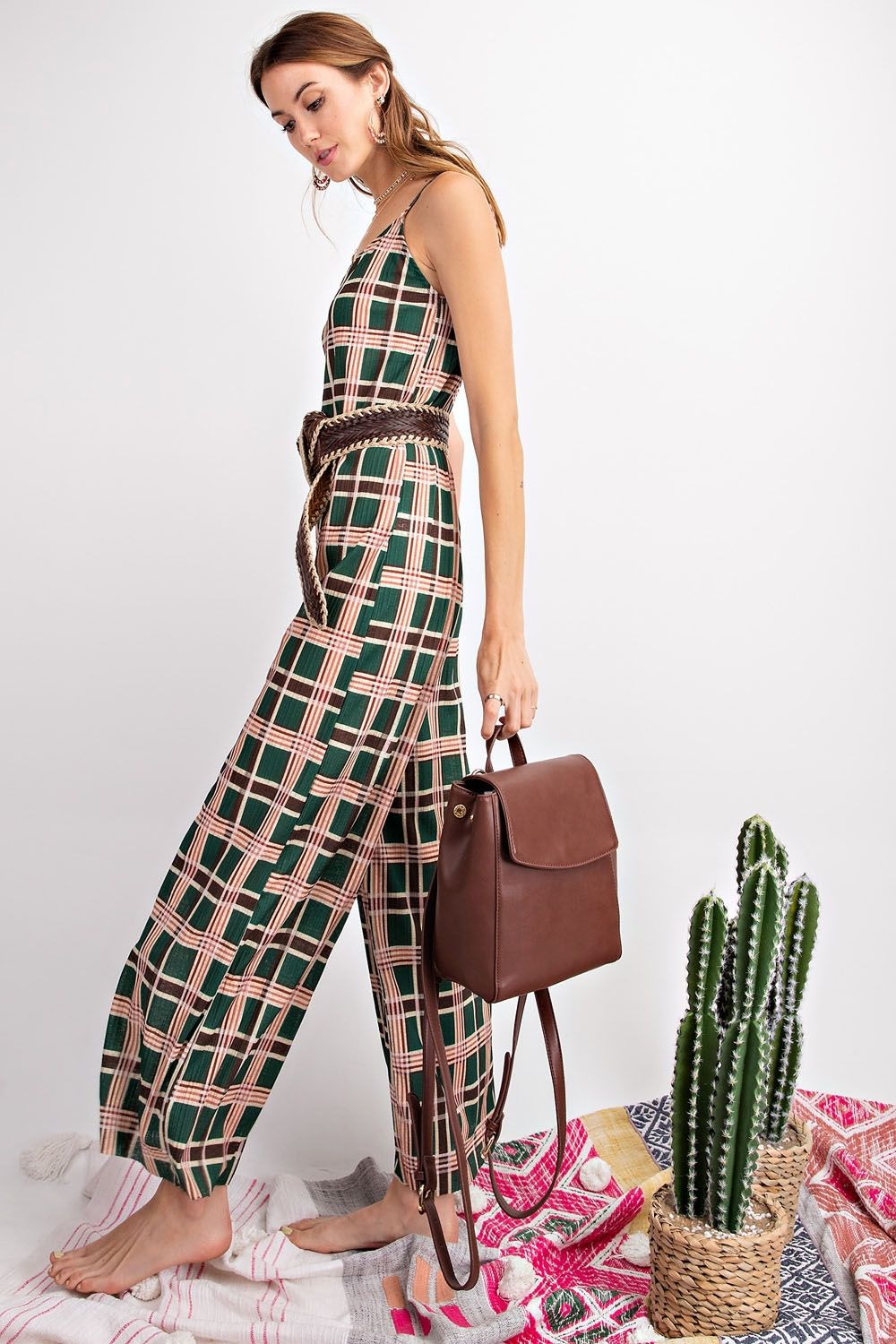 Plaid Print Knit Jumpsuit