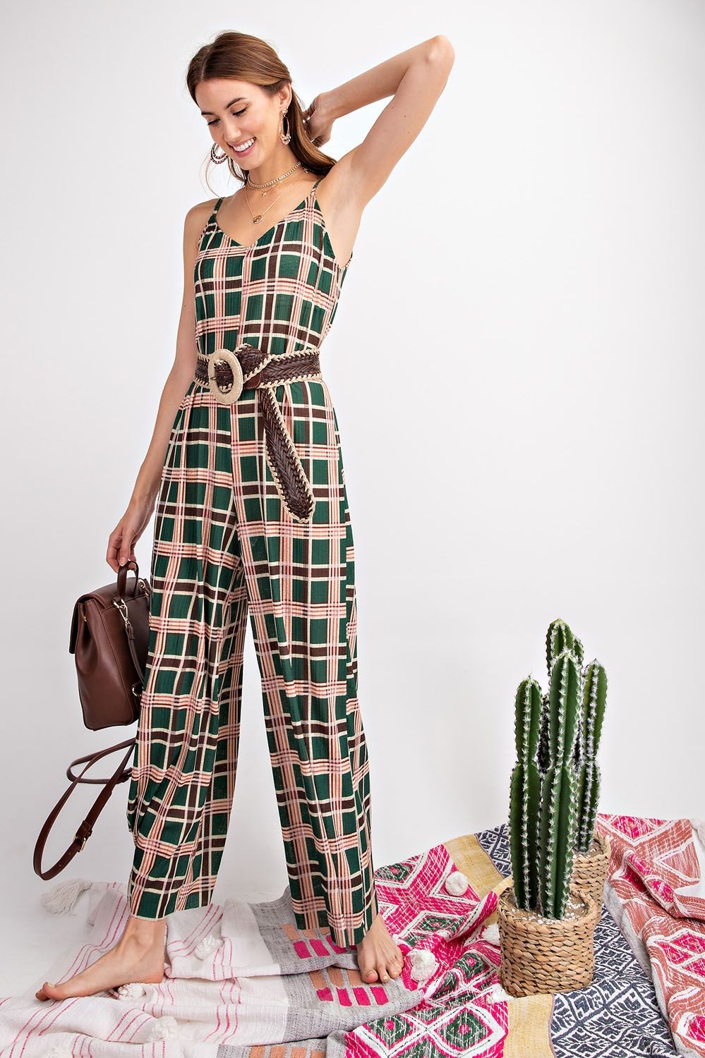 Plaid Print Knit Jumpsuit