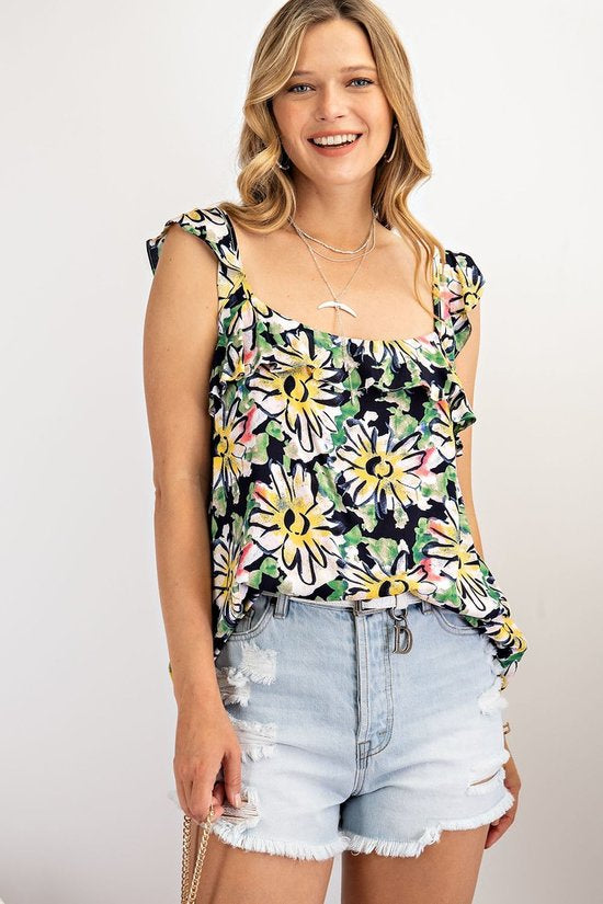 Sleeveless Print Ruffle Top