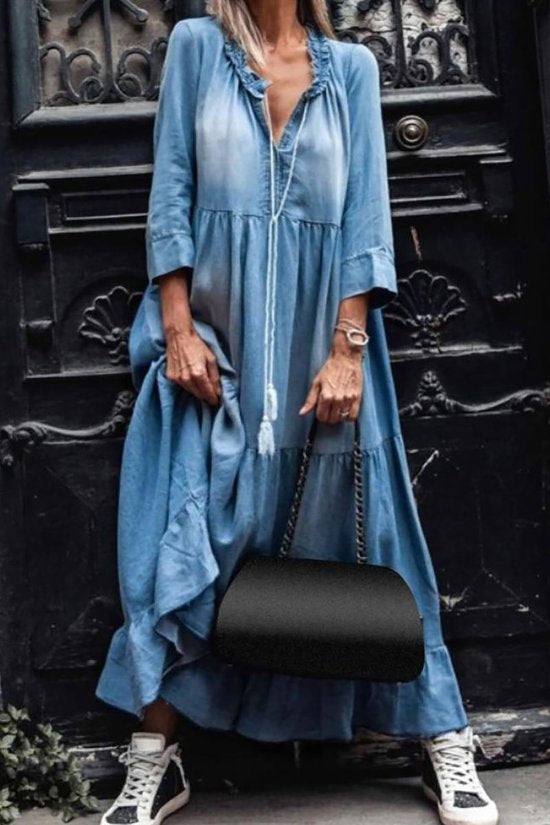 Small - V-Neck Denim Maxi Dress