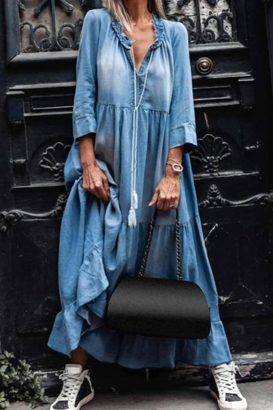 Small - V-Neck Denim Maxi Dress