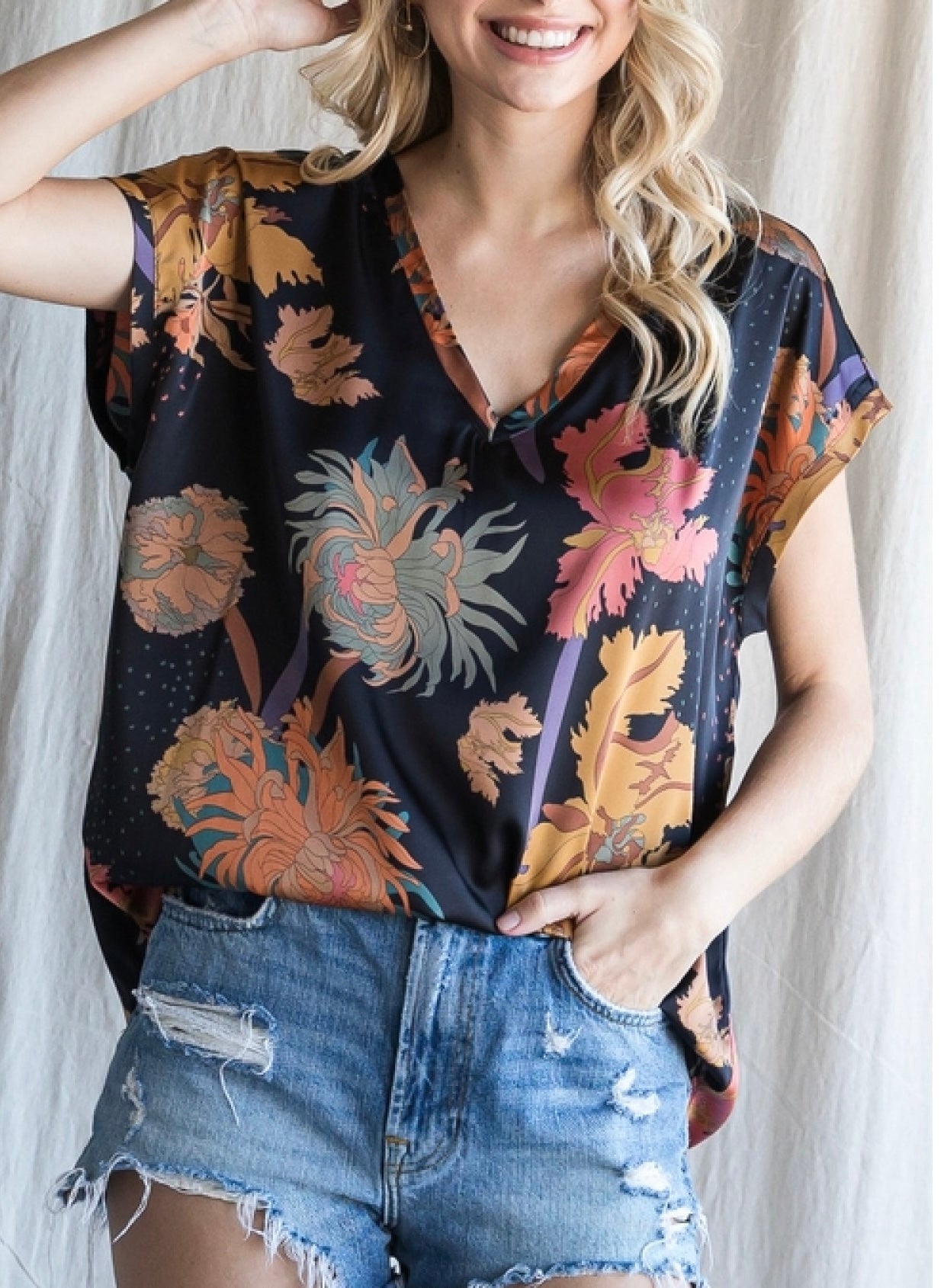 Satin Floral Print Top