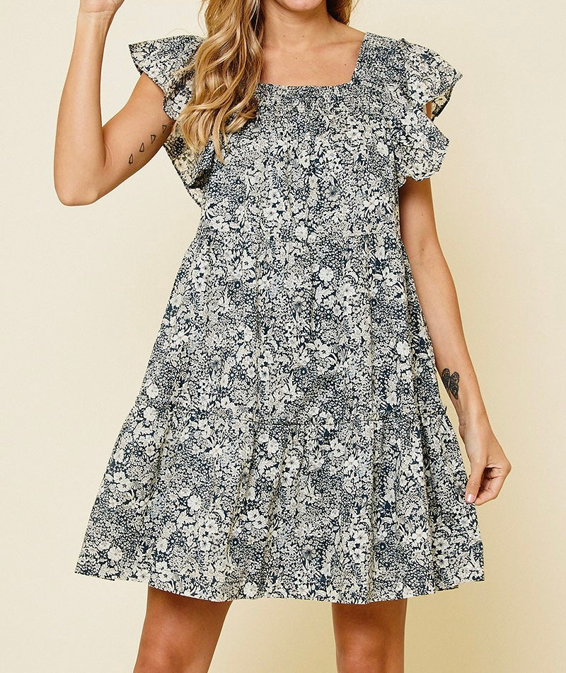 Floral Ruffle Sleeve Short Dress