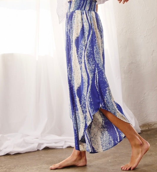 Blue Smocked Waistband Wide Leg Pants