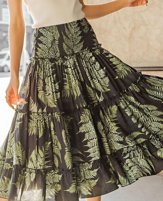 Small - Tropical Print Tiered Maxi Skirt