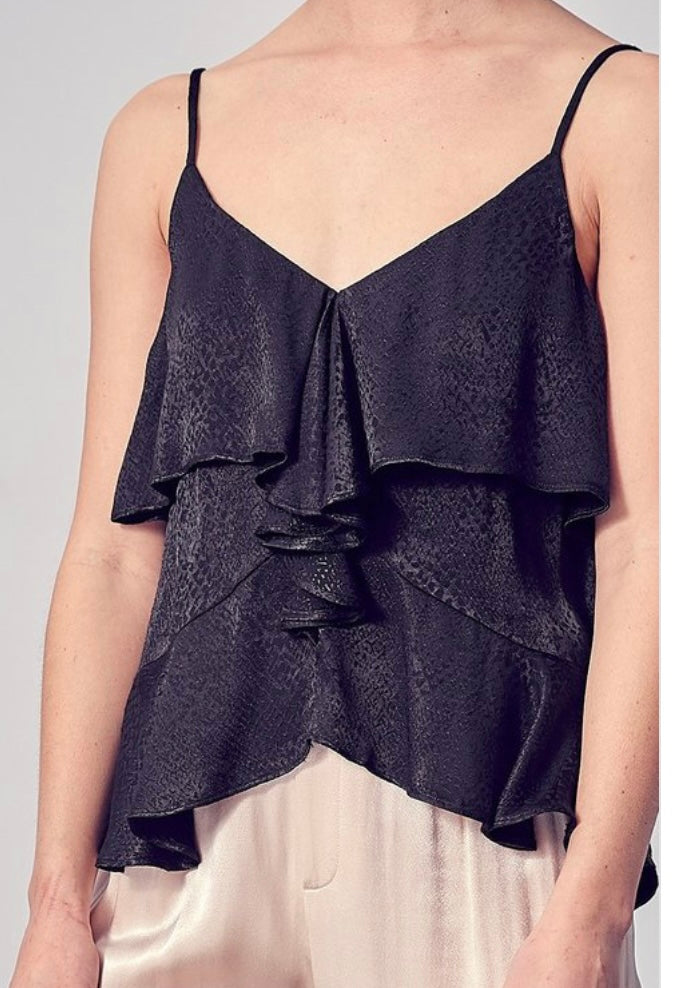 Strappy Detail Ruffle Top in Black