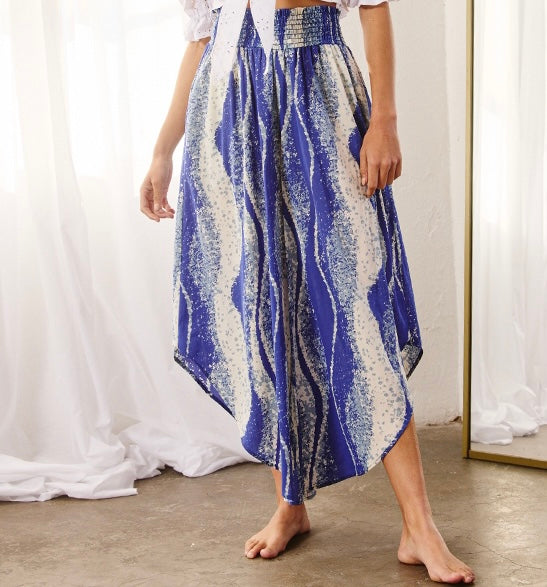 Blue Smocked Waistband Wide Leg Pants