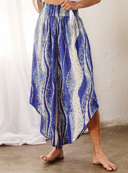 Blue Smocked Waistband Wide Leg Pants