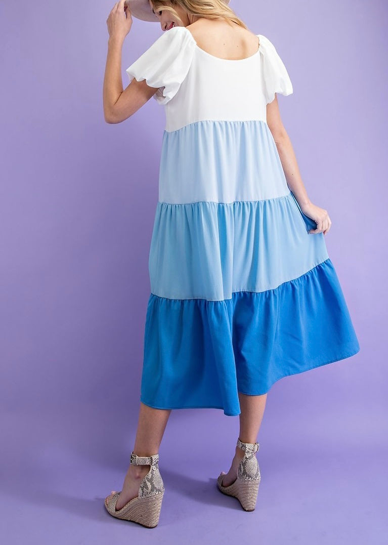 Blues…Tiered Color-block Midi Dress