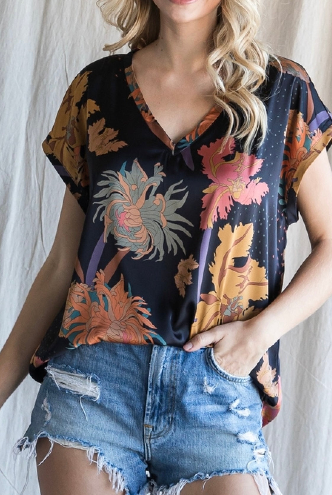 Satin Floral Print Top