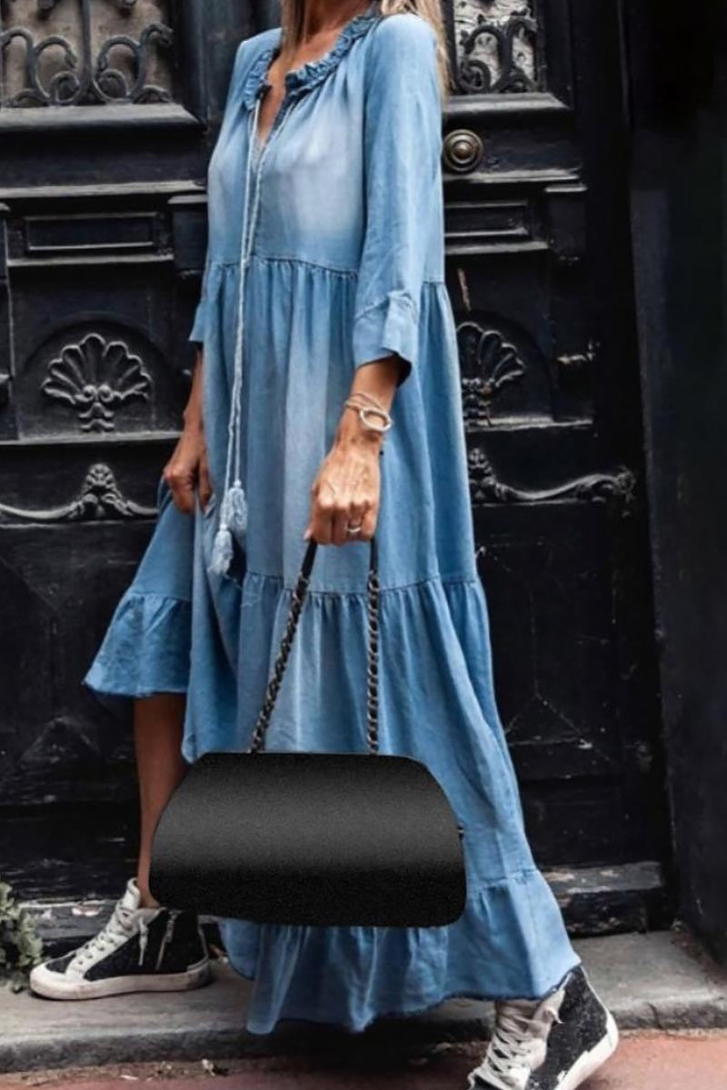 Small - V-Neck Denim Maxi Dress