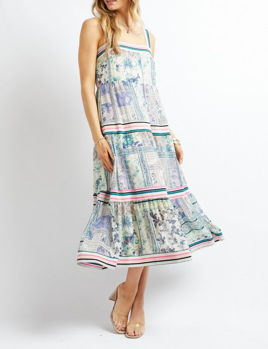 Print Square Neck Midi Dress