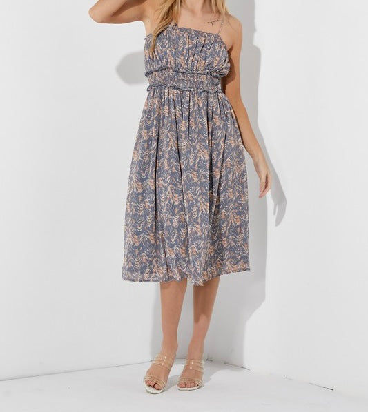 Small - Floral Self Tie Strap Midi Dress