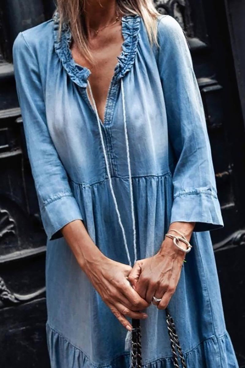 Small - V-Neck Denim Maxi Dress