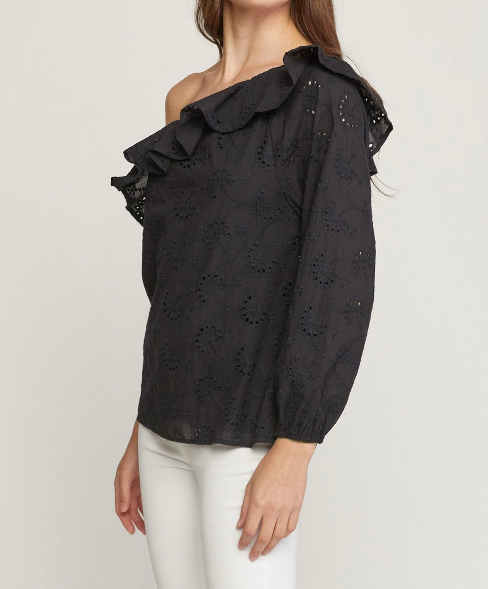 Eyelet One Shoulder Long Sleeve Top