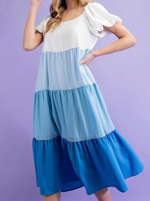 Blues…Tiered Color-block Midi Dress