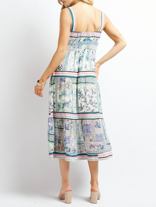 Print Square Neck Midi Dress